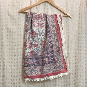 Square Patterned Scarf with Pom Poms